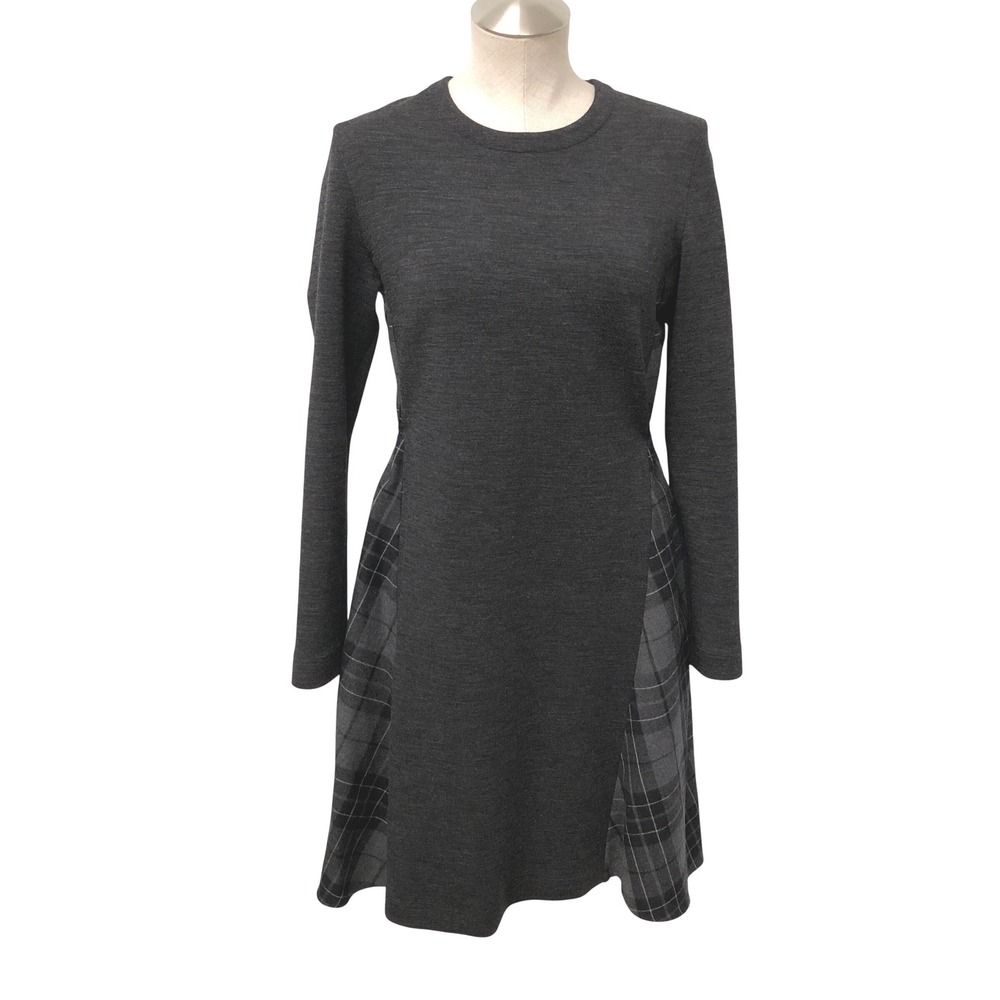 Akris Punto Dress Womens 6 Charcoal Gray Plaid Mixed Media Wool Long Sleeve